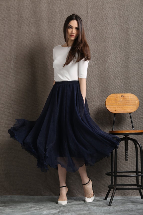 Party skirt chiffon skirt long skirt navy blue skirt | Etsy