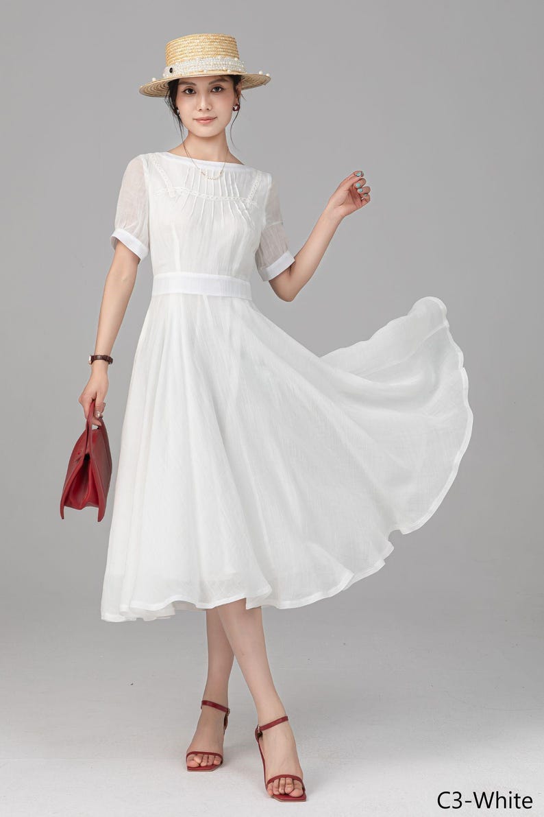 Bröllopsgästklänning, Grön linneklänning för kvinnor, Sommarklänning, Figursydd och utsvängd klänning, brudtärneklänning, Specialdesignad klänning, Ylistyle C4982 C3-White