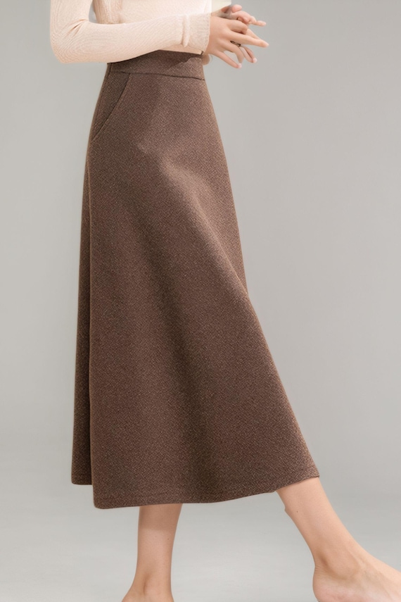 A-line Midi Wool Skirt, Beige Long Wool Skirt, Wool Skirt