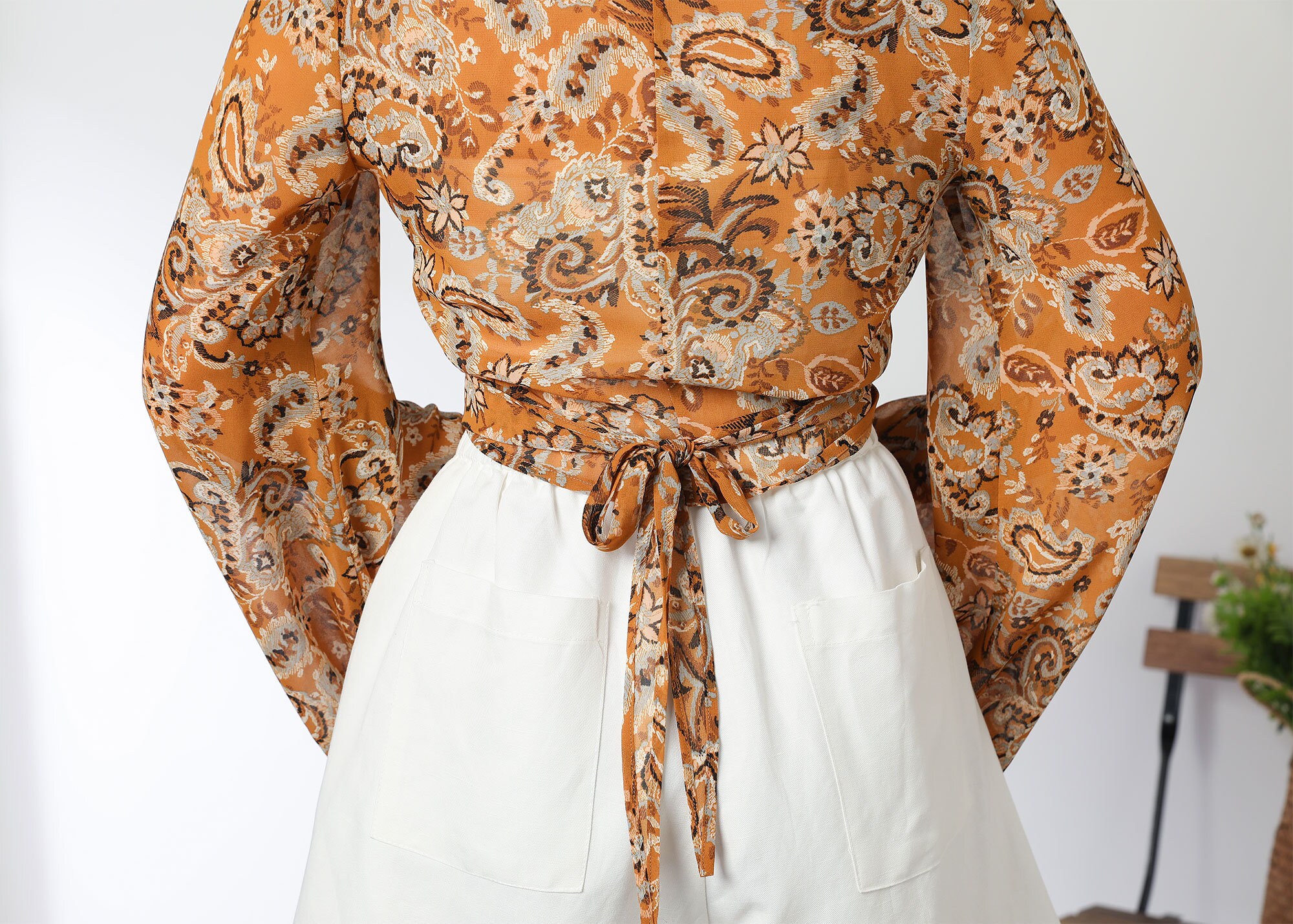 Floral Chiffon Top Summer, Sheer Tie Wrap Blouse, Chiffon