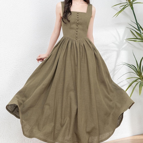 Sleeveless Linen Pinafore dress, Square Neck Button Maxi Dress for Women, Army green dress, Swing Linen dress, Summer dress, ylistyle C4763