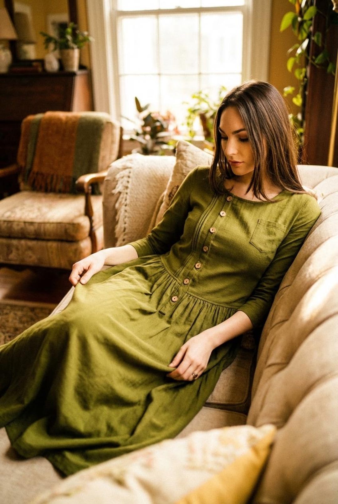 Linen Maxi Dress, Moss Green Asymmetrical Semi-fitted Casual
