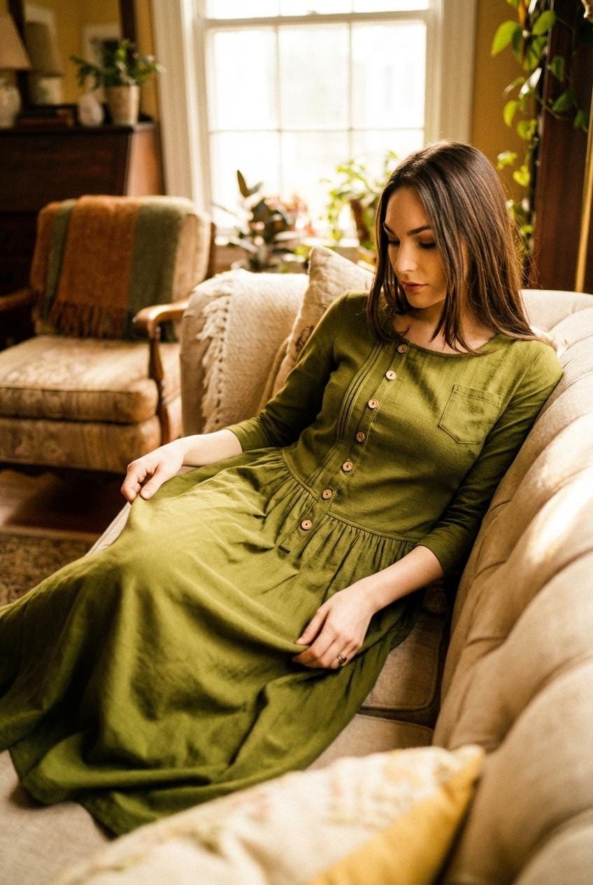 green dotted dress Irene Puff Sleeve Cotton Dress-Ivory Green Spot