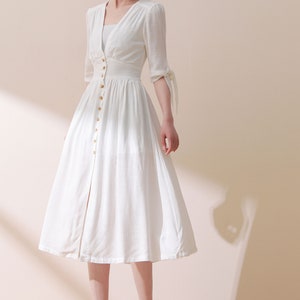 Linen Dress, Midi Linen Dress, Deep V Neck Linen Party Dress, Button Front Dress, Womens Linen Dress, Customized Linen Dress, Ylistyle C3777 White