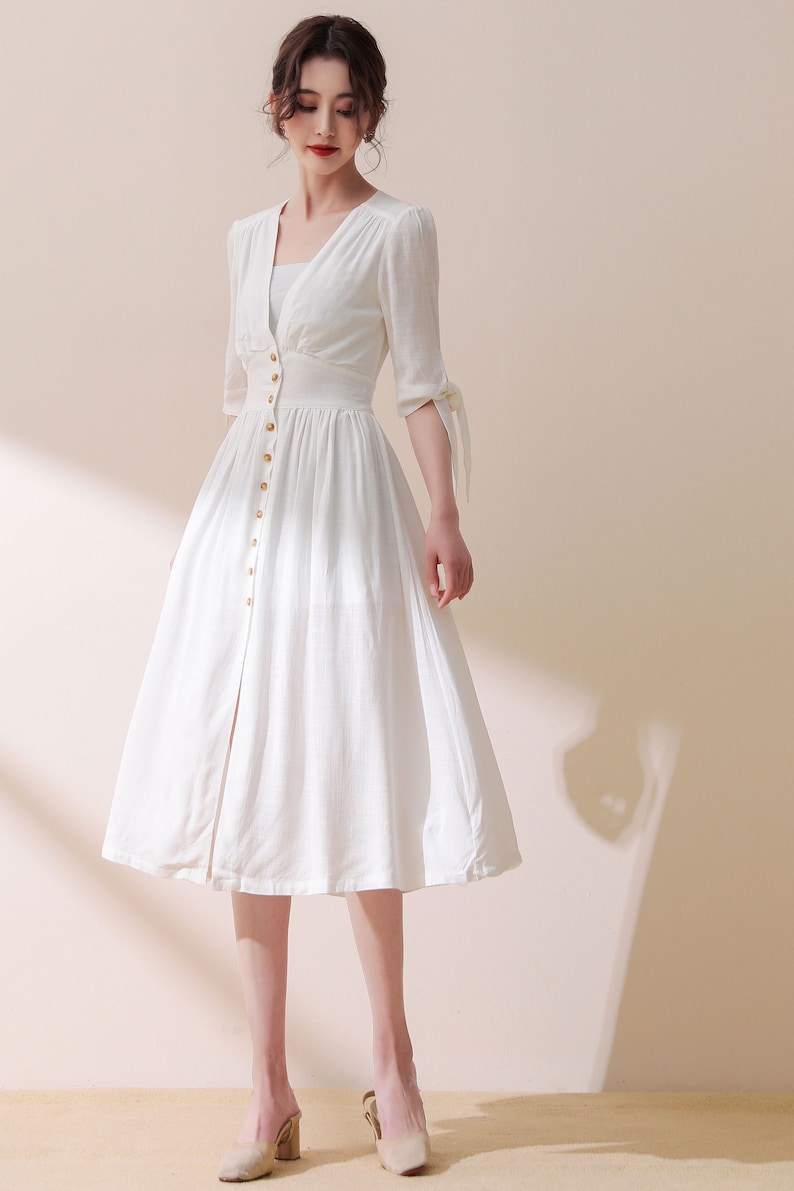 Linen Dress, Midi Linen Dress, Deep V Neck Linen Party Dress, Button Front Dress, Womens Linen Dress, Customized Linen Dress, Ylistyle C3777 White
