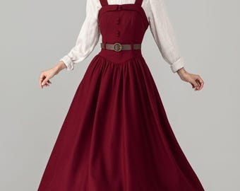 Red Wool Blend Fit and Flare Ankle-Length Dress with Square Neck, Custom Dress, Ylistyle C5683