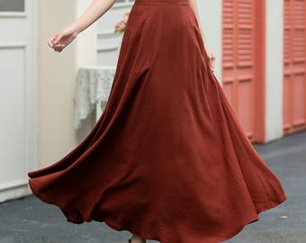Kantoorkleding, roestrode linnen rok, maxi-rok, zomer A-lijn damesrok met zakken, plus size rok, handgemaakte rok, Ylistyle C5036