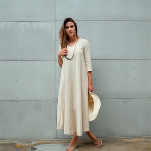 Linen Dress, A Line Linen Maxi dress, Simple Casual Comfortable Grey Loose-Fitting Flare Dress with 34 Sleeves and V-Neck Midi Length C1374