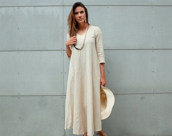 Linen Dress, A Line Linen Maxi dress, Simple Casual Comfortable Grey Loose-Fitting Flare Dress with 34 Sleeves and V-Neck Midi Length C1374