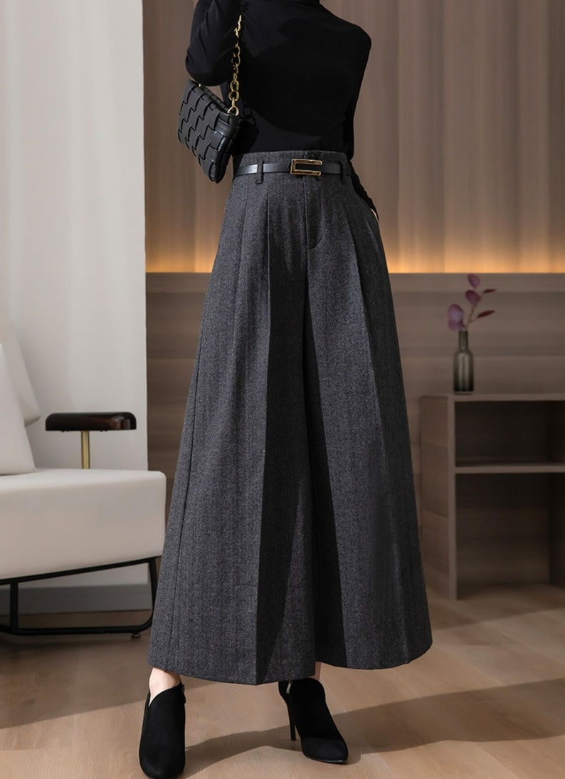 Gray Wool Pants, Wide Leg Pleated Pants for Women, Pleated Loose Long pants, Women's Wool Palazzo pants, Custom Pants, Ylistyle C3143 image 2