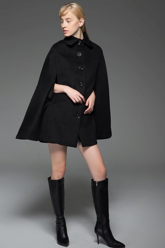 Wool Cape Coat, Black Wool Cape, Winter Cape Coat, Black Wool