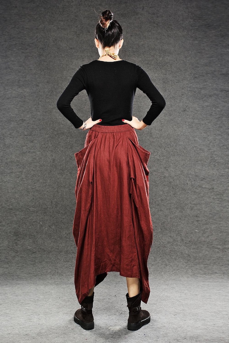 Linen skirt, Red Linen Maxi Skirt, Long Length with Asymmetrical Hemline, Ruched Detail and Deep Side Pocket Fall Autumn/Winter Fashion C050 image 9