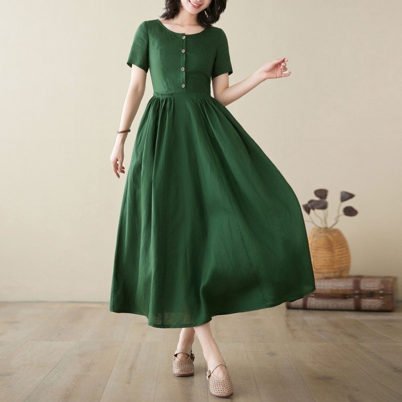 Linen Dress, Women's Summer Linen Dress, Half Sleeve Dress, Button Front Dress, Swing Dress, Linen Maxi Dress, Custom Dress, Ylistyle C3207 C3950-Green
