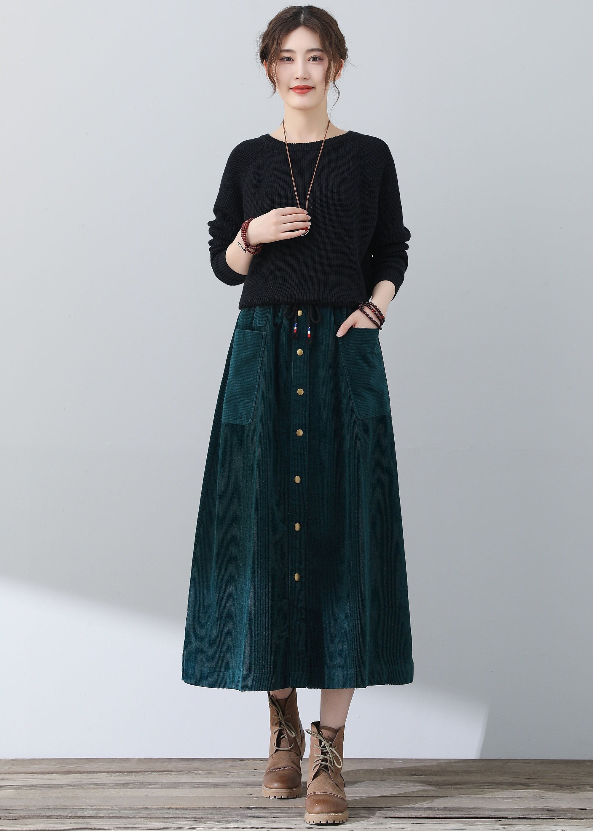 Womens Green Corduroy Skirt, Midi Corduroy Skirt, Casual