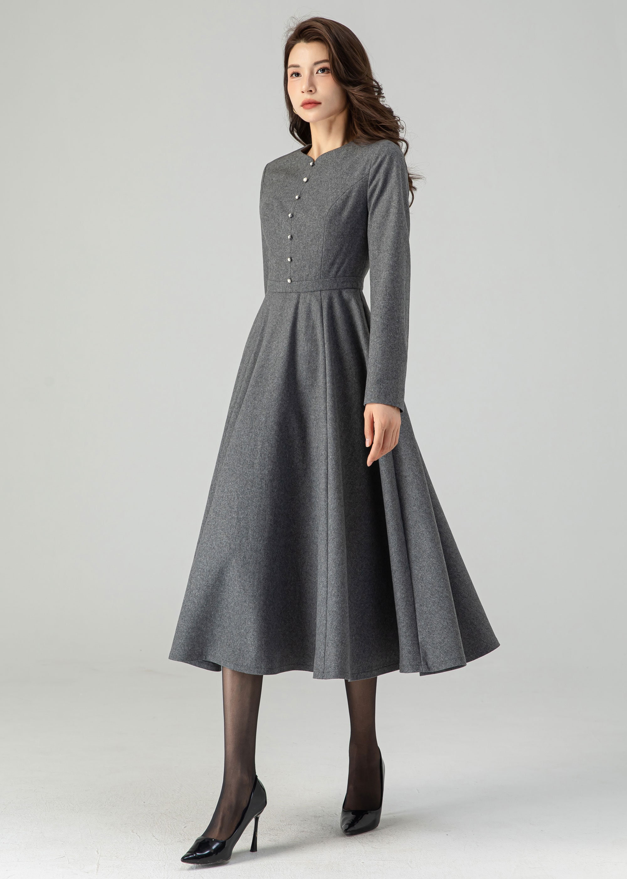 Fit and Flare Dress, Gray Dress, Wool Dress Women, Swing