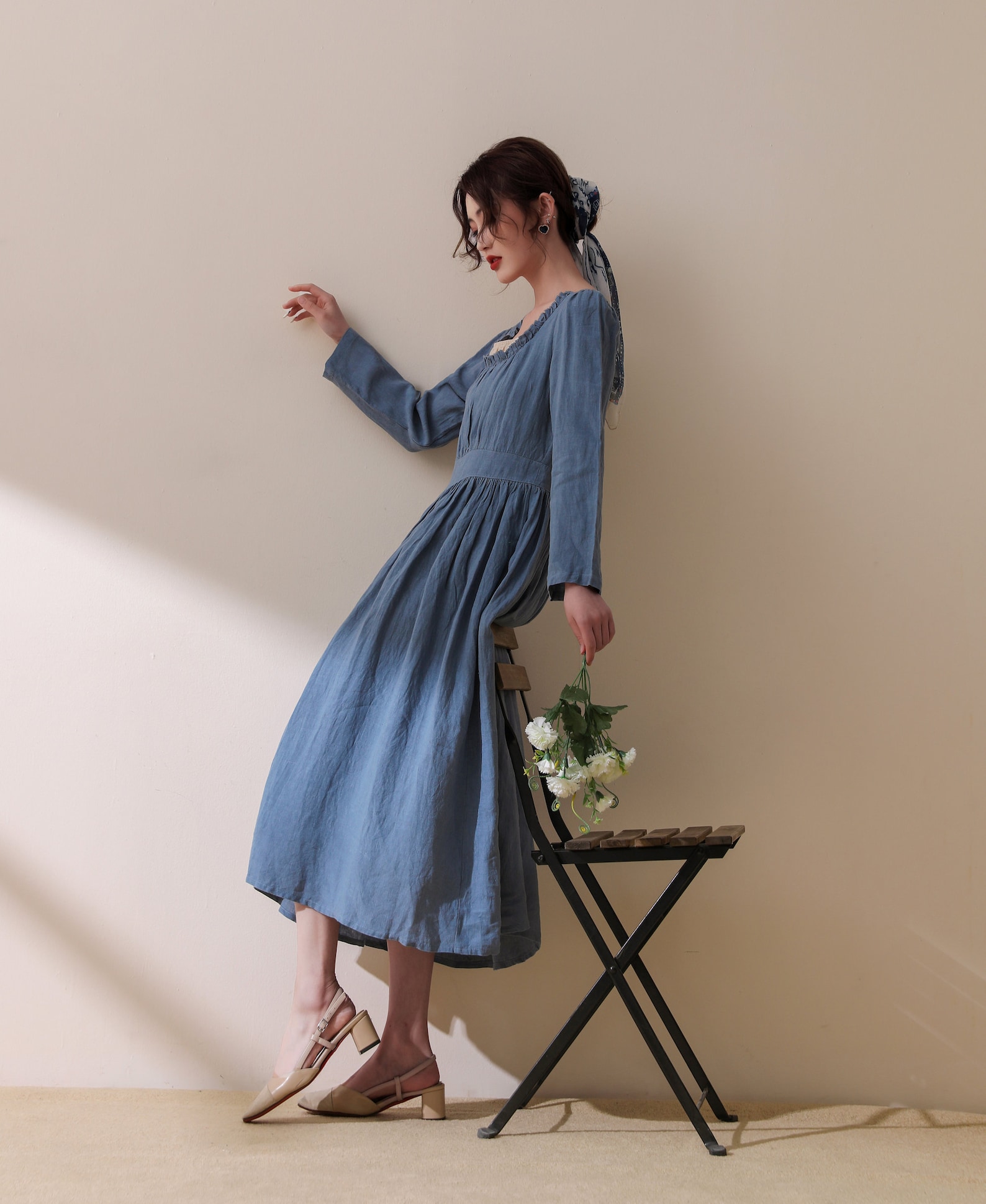 Blue Linen Look Dress w/ Vintage Flower