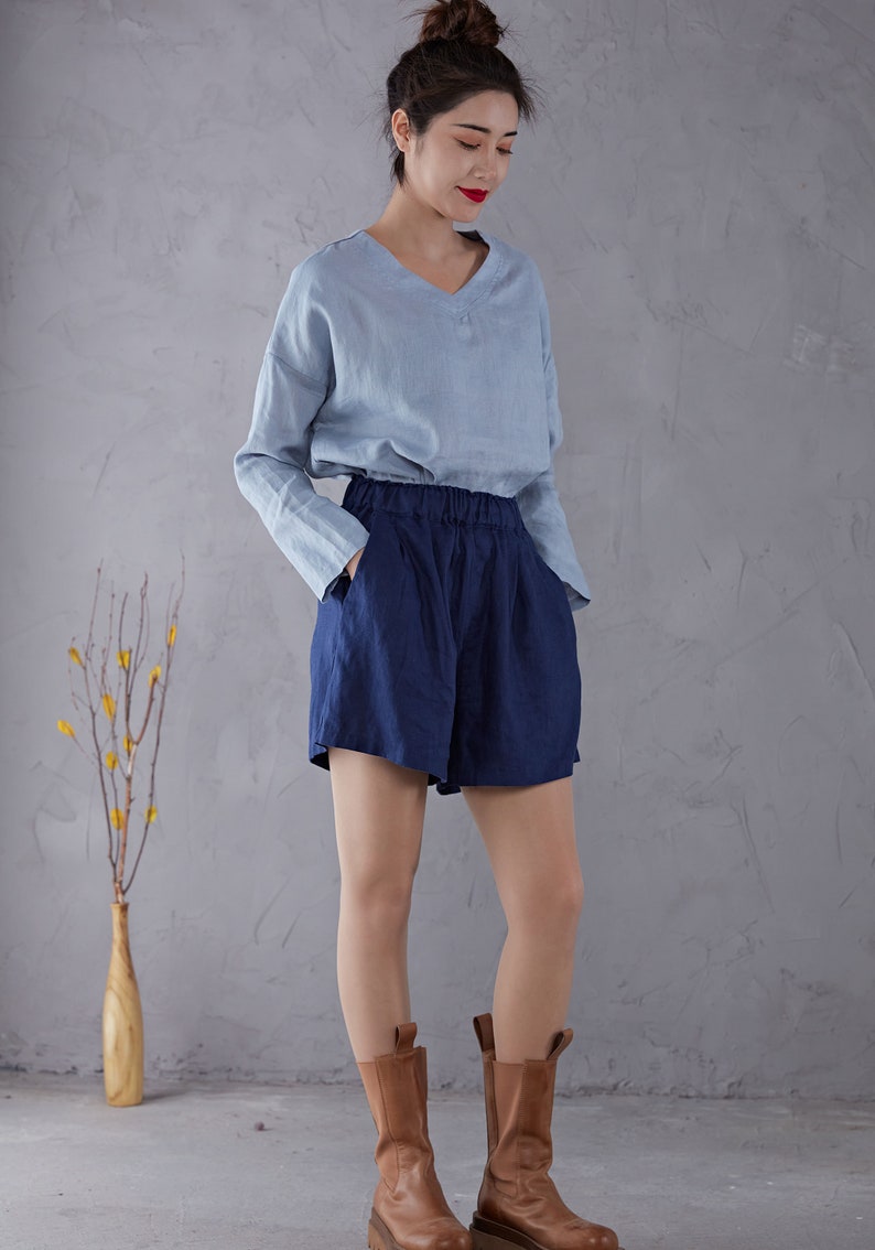 Blue High waist Linen Shorts, Linen shorts, Women Linen shorts, Linen Beach Shorts with pockets, Handmade shorts For Women C1906 image 2