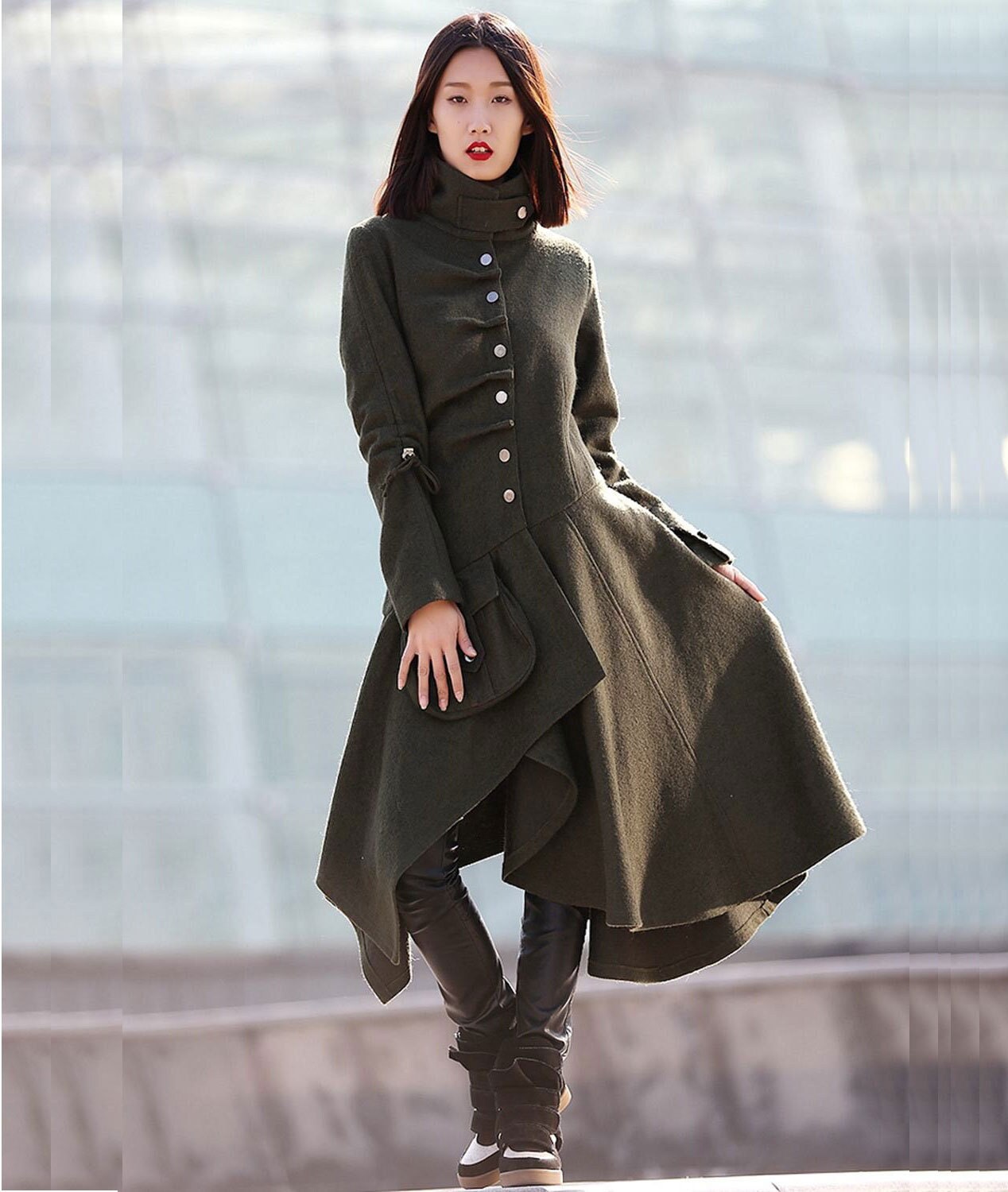 Army Green Asymmetrical Swing Wool Coat Women, Stylish Gothic Coat, Warm Winter  Coat, Unique Design Long Wool Jackets With Pockets C183 