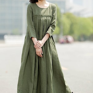 Green Linen Dress, Long Linen Dress, Pleated Linen Dress, Loose Linen ...