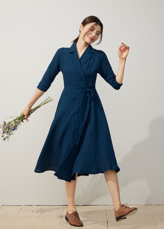 L’or volume shirt dress Linen Shirt Dress, Navy Blue Wrap Dress, Womens Linen Midi