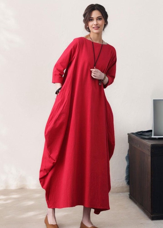 red loose fitting dress Red loose long dress, long dress, maxi dress, Red short sleeved dress