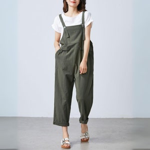 Summer green linen jumpsuit women, Casual Linen dungarees, Linen overalls, cropped leg plus size romper harem jumpsuit with pockets C1697 image 2