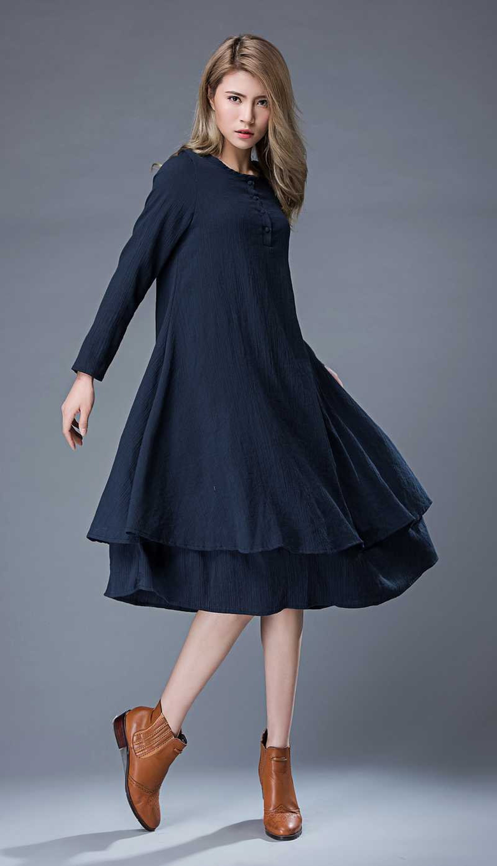 Navy Linen Dress Summer Blue Linen Midi Dress Long-sleeved - Etsy