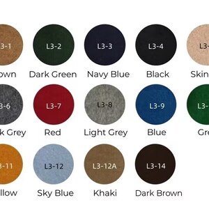 May include: Colour chart with 14 different fabric swatches labelled with numbers and names. The colours include brown, dark green, navy blue, black, skin pink, dark grey, red, light grey, blue, green, yellow, sky blue, khaki, and dark brown.