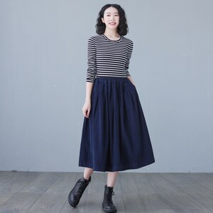 Blue Corduroy Skirt, Midi skirt, High Elastic Waist Skirt, Plus Size Skirt, Pleated Skirt with Pocket, Spring fall Skirt, Causal Skirt C2617 image 2