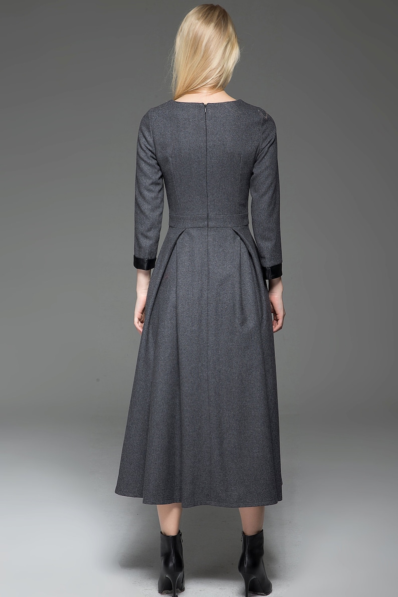 Wool Dress, Womens Long wool dress, Classic Long Fitted Tailored Warm Winter Dress with Long Sleeves Round Neck & Black Leather Cuffs C780 image 5