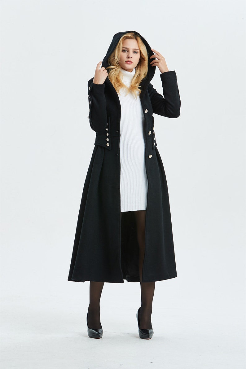 Military coat black wool coat long coat hooded coat womens Etsy