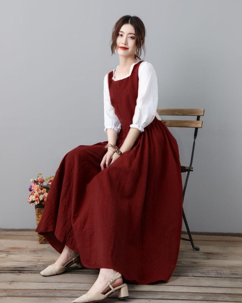 Blue Linen Dress, Linen Midi Dress, Handmade Pleated Swing
