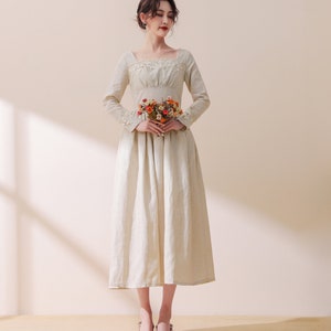 Vintage Style Linen Dress, Linen midi dress, Long Sleeve Dress, Linen dress women, Handmade dress, Spring dress, Ylistyle C1785