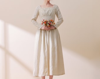 Vintage Style Linen Dress, Linen midi dress, Long Sleeve Dress, Linen dress women, Handmade dress, Spring dress, Ylistyle C1785