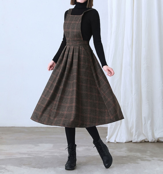 Plaid Wool Dress, Wool Pinafore Dress, Pleated Wool Dress, Wool Dress Women,  Winter Dress Women, Midi Wool Dress, Handmade Dress C2634 