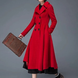 Wool coat, Green Long Wool Coat Women, Princess Coat, Swing Coat, Winter Trench Coat, Fit and Flare Coat, Double Breasted wool Coat C2469 5-red