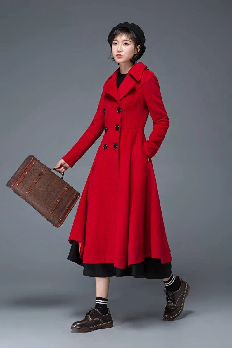 Wool coat, Green Long Wool Coat Women, Princess Coat, Swing Coat, Winter Trench Coat, Fit and Flare Coat, Double Breasted wool Coat C2469 5-red