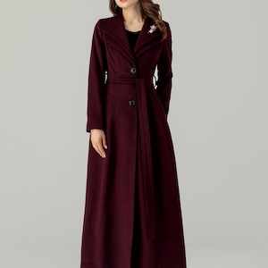 Casaco comprido de lã bordô feminino, Casaco de inverno de lã feminino, Casaco treché de lã, Casaco maxi de lã, Casaco de lã com cinto, Casaco feito à mão, Ylistyle C3693 C1- Burgundy coat
