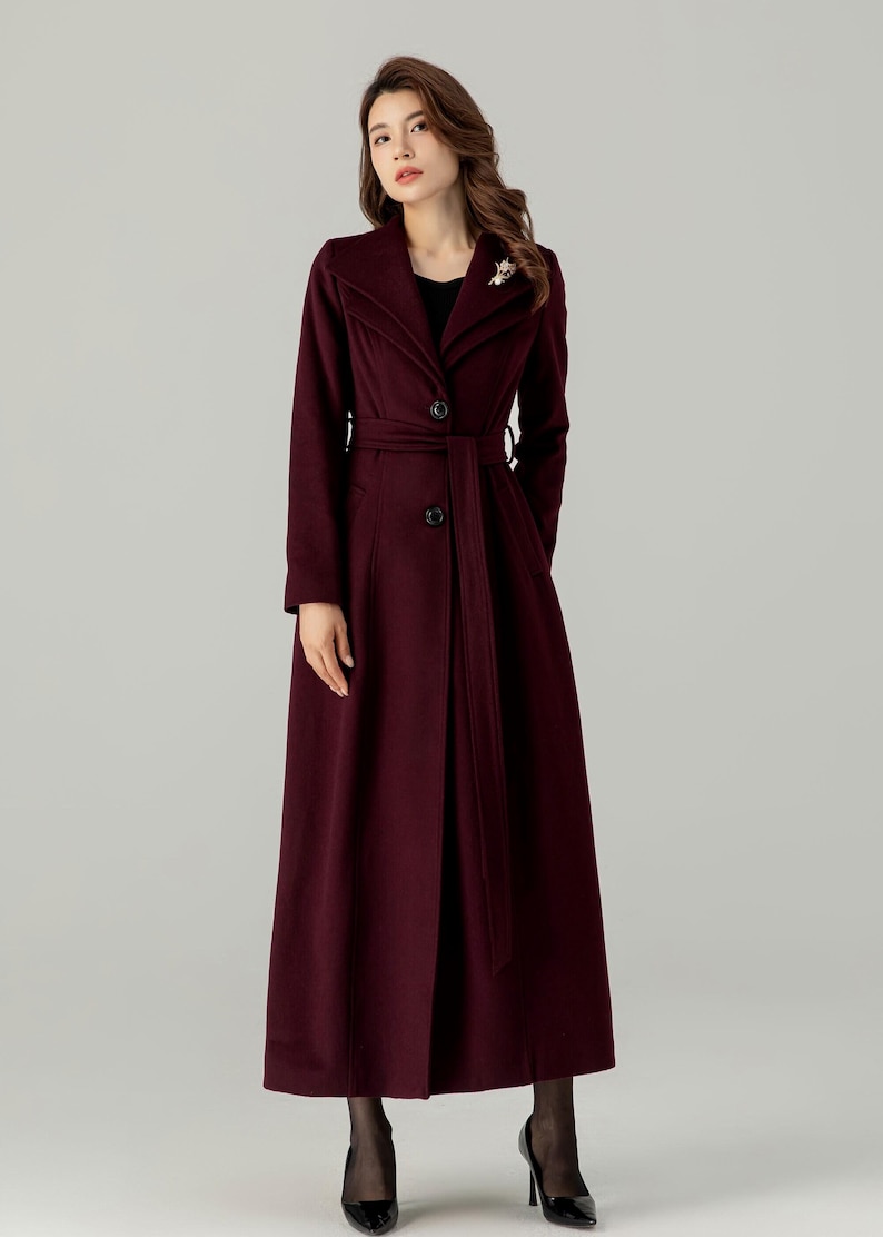 Casaco comprido de lã bordô feminino, Casaco de inverno de lã feminino, Casaco treché de lã, Casaco maxi de lã, Casaco de lã com cinto, Casaco feito à mão, Ylistyle C3693 C1- Burgundy coat