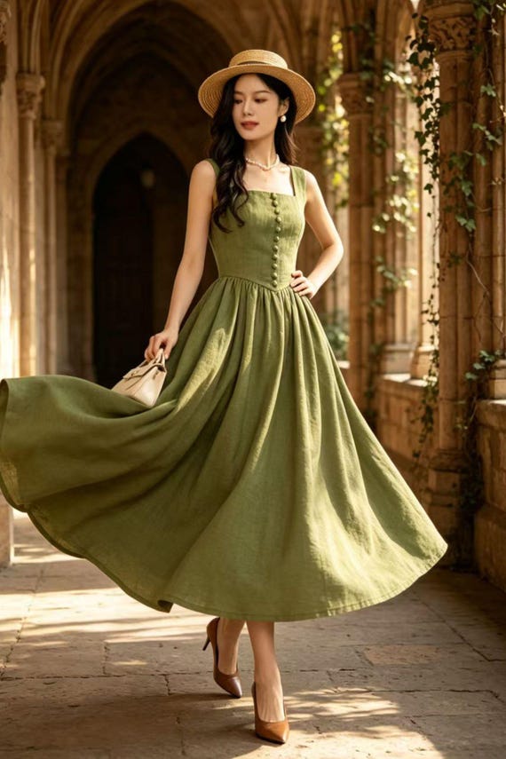 green pinafore dress womens Green Cotton Linen Maxi Dress with Retro A-Line Swing & Square Neck C5542 Green / XS