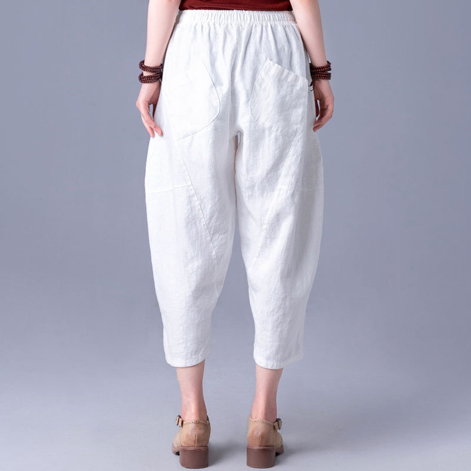Women Calflength Pants Cotton Capri Pants Elastic Waist Linen Etsy