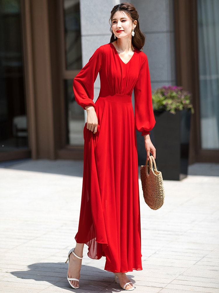 red chiffon dress