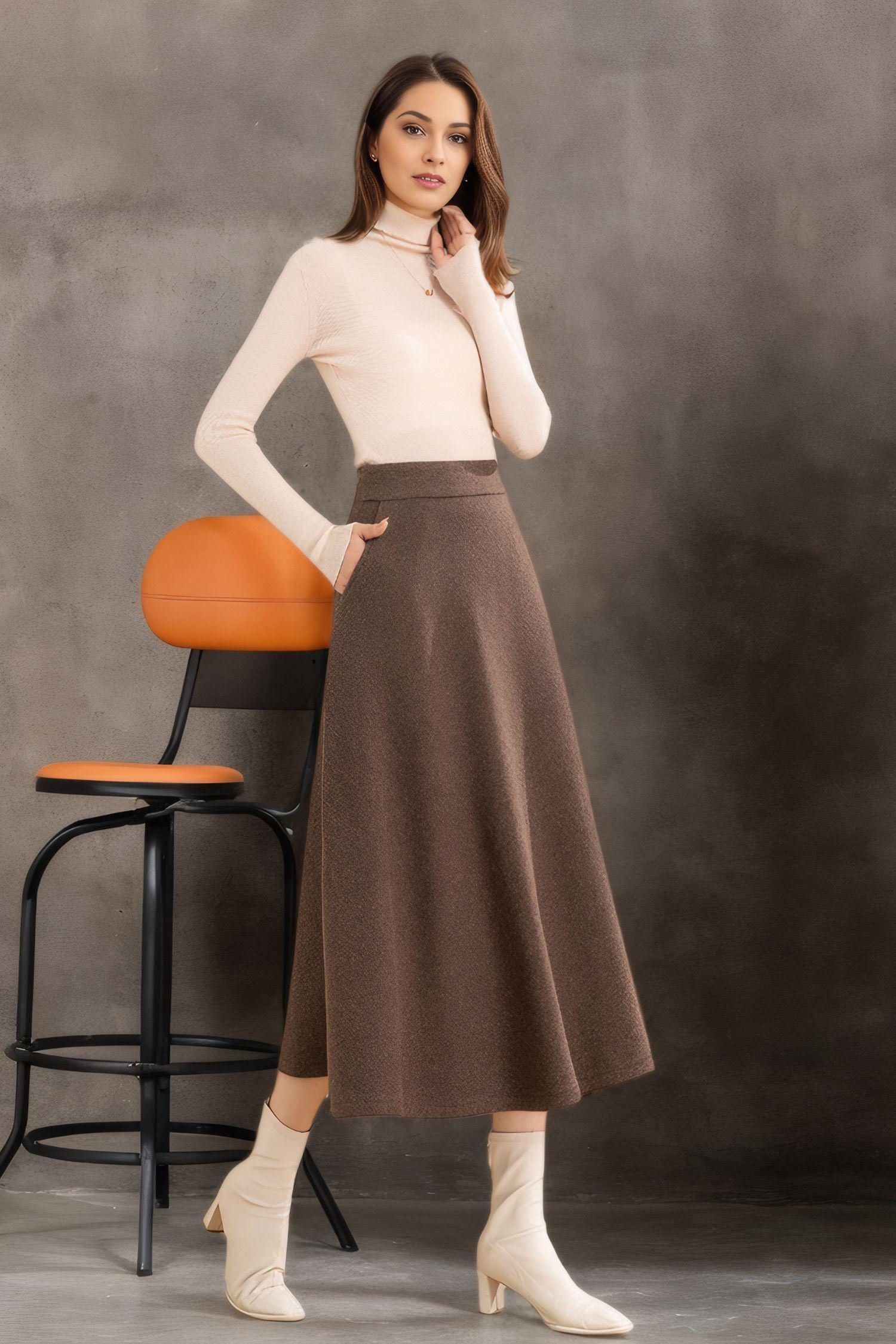 A-line Midi Wool Skirt, Beige Long Wool Skirt, Wool Skirt