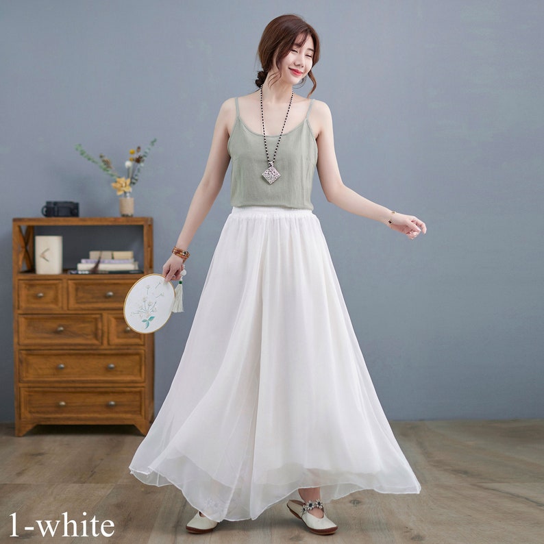 Summer White Chiffon Palazzo Pants for Women, Wide Leg Pants Skirts, swing pant, vacation pant, Loose Long Trouser, Plus Size Trousers C2196 image 3