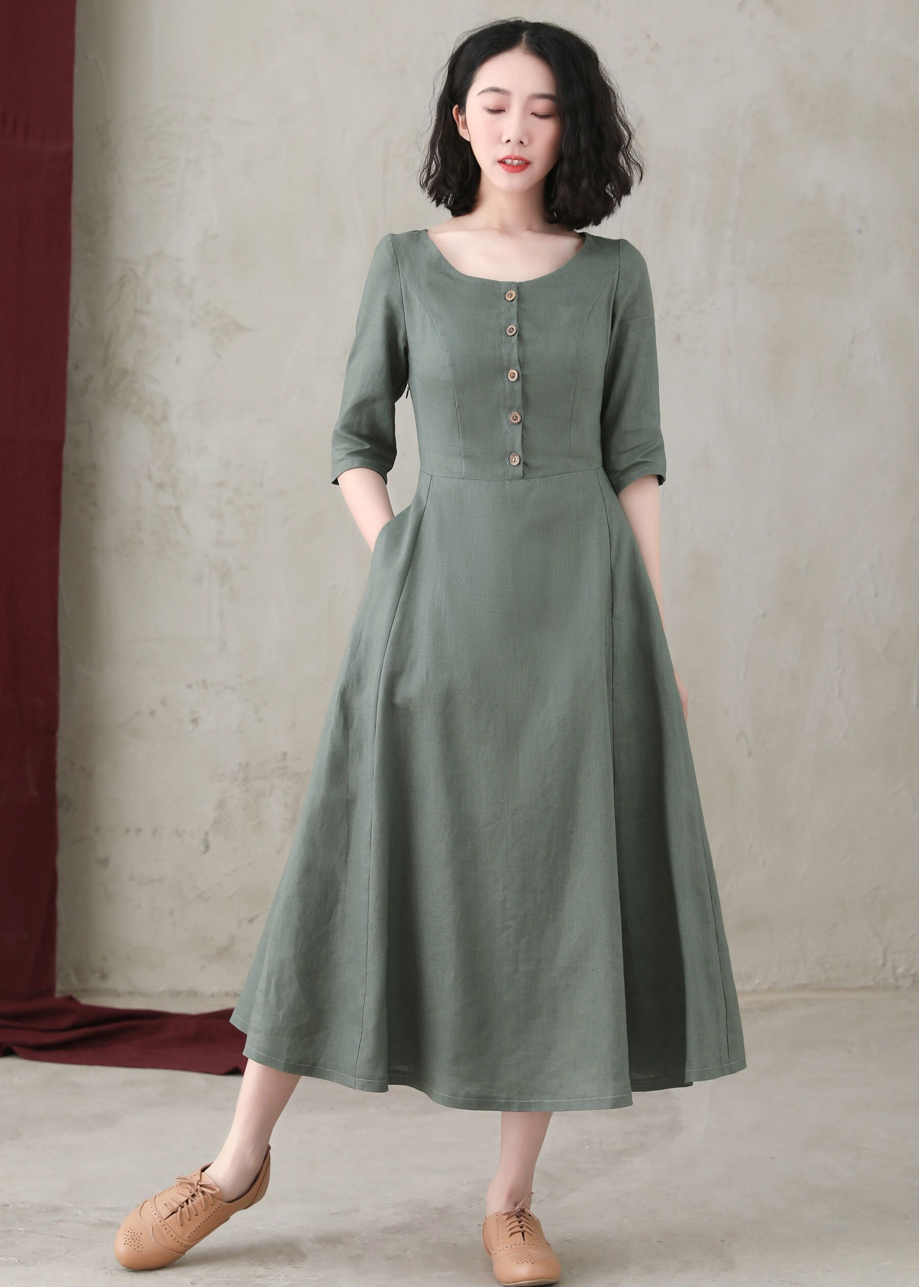 Linen Dress, Linen Midi Dress, Summer Long Linen Dress With Pockets, Dark  Green Organic Linen Dress Women, A-line Dress, Ylistyle C2745 -  Canada