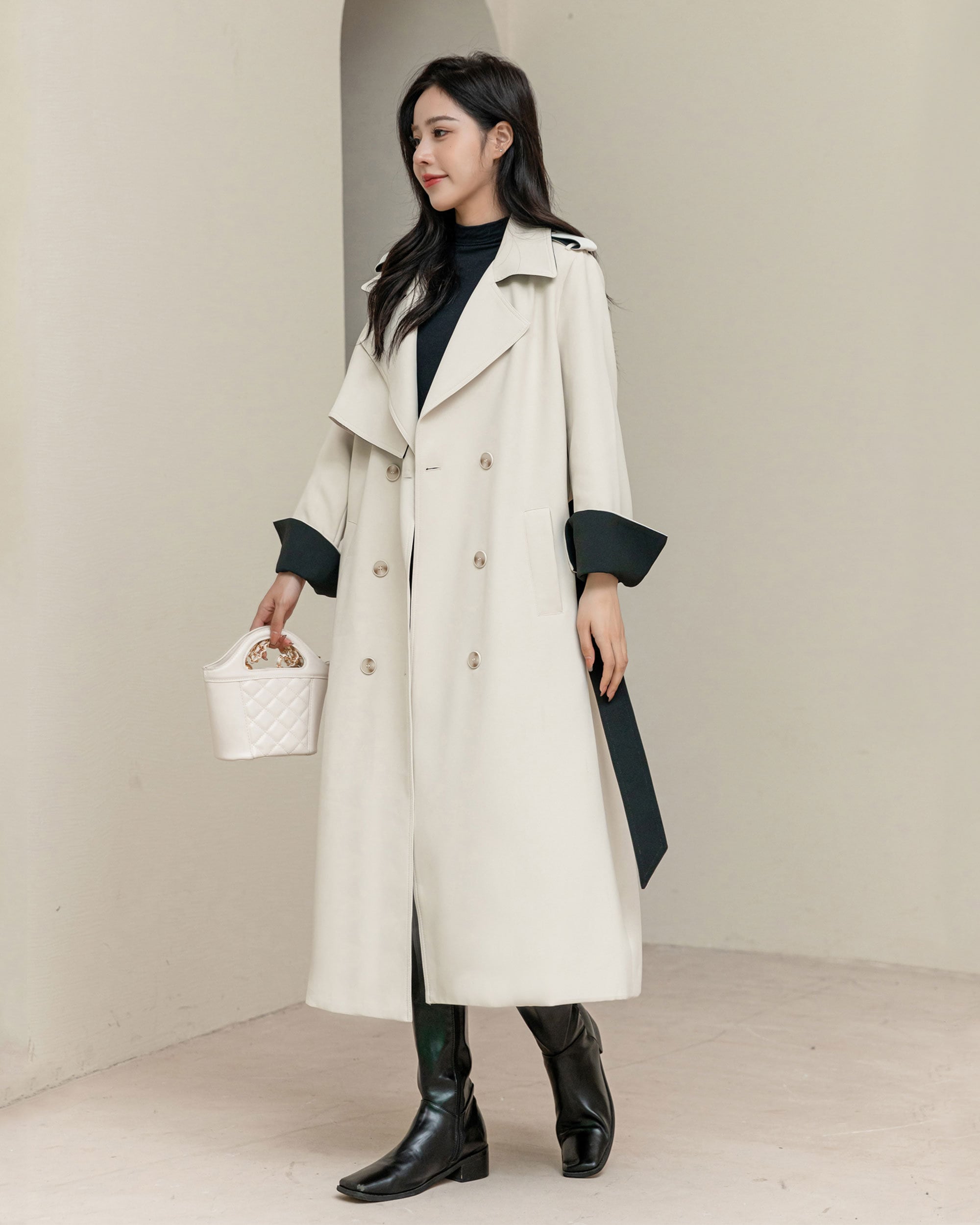 White Long Trench Coat, Double Breasted Coat With Belt White Long Trench Coat, Double Breasted Coat With Belt