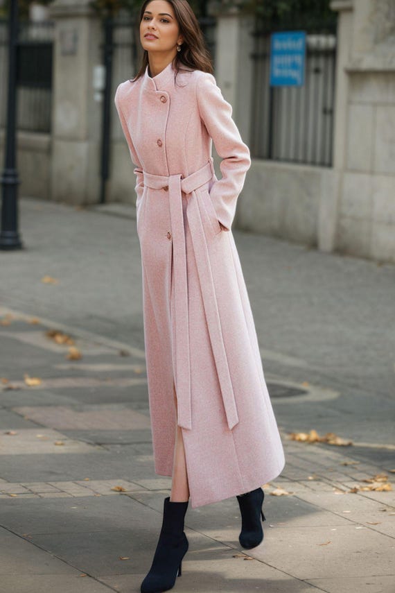 ピンクのロングウールマキシコート、レディースウールトレンチコート  