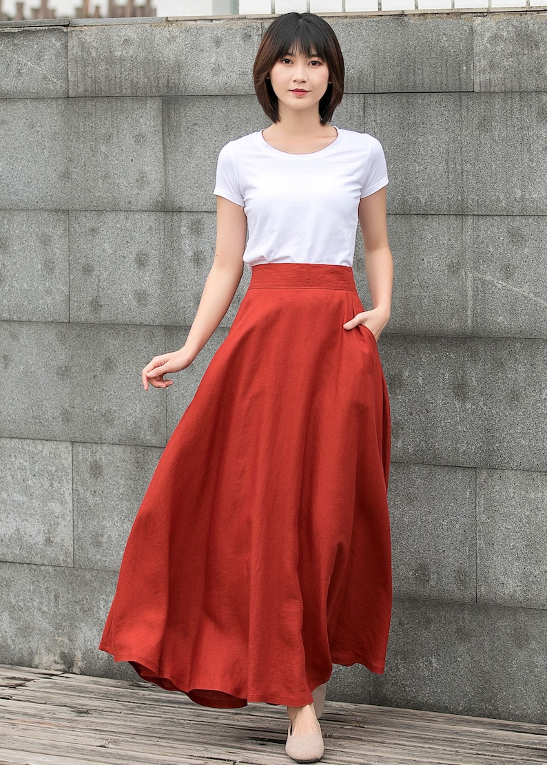 maxi linen skirt, Long Linen skirt, Linen skirt with pockets, casual Linen skirt, A Line skirt, Orange Linen skirt, Womens skirt C2790 image 2