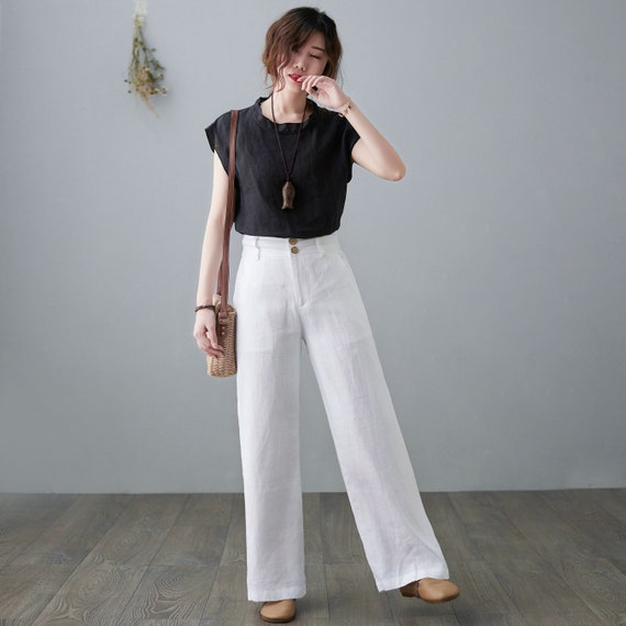 White Wide Leg Linen Pants for Women, Causal Zipper Button Closure Pants,  Loose Linen Slacks, High Waistband Long Linen Pants Trousers C2140 - Etsy