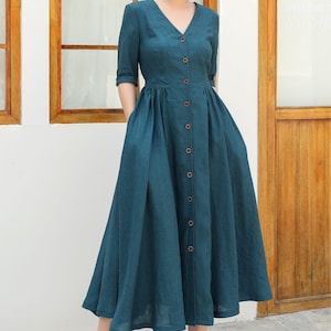 Shirt Linen Dress, Button Front linen Midi dress, A-Line dress, Womens Spring Swing Dress, Date dress, Custom Dress, Ylistyle C4839
